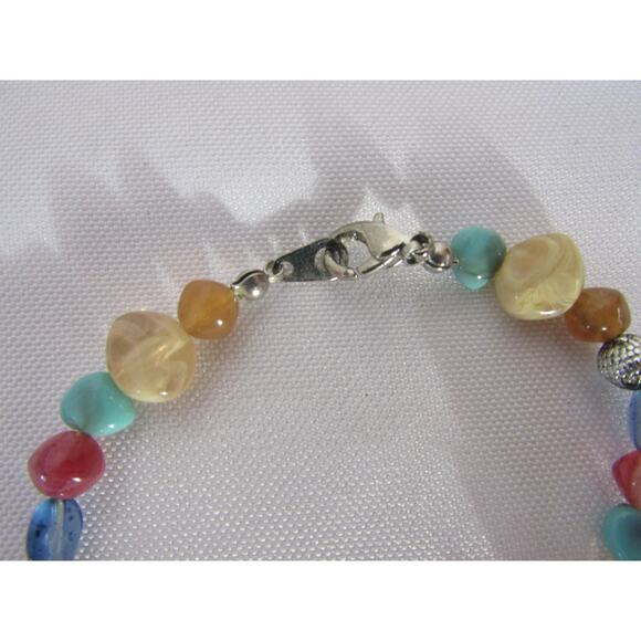 Multi Colored Round Gemstone Beaded Silver Tone Necklace Collar 18" Whimsical - Picture 3 of 4